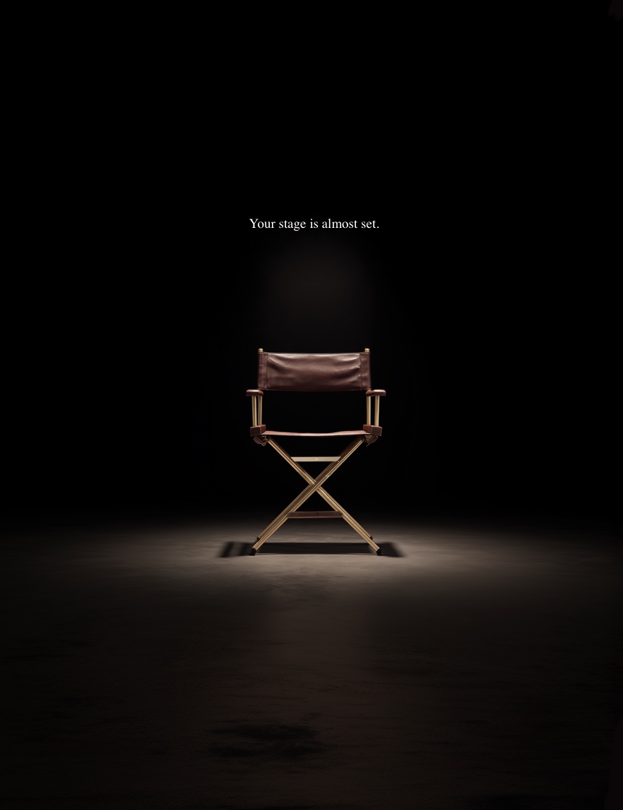 A director's chair under a single spotlight