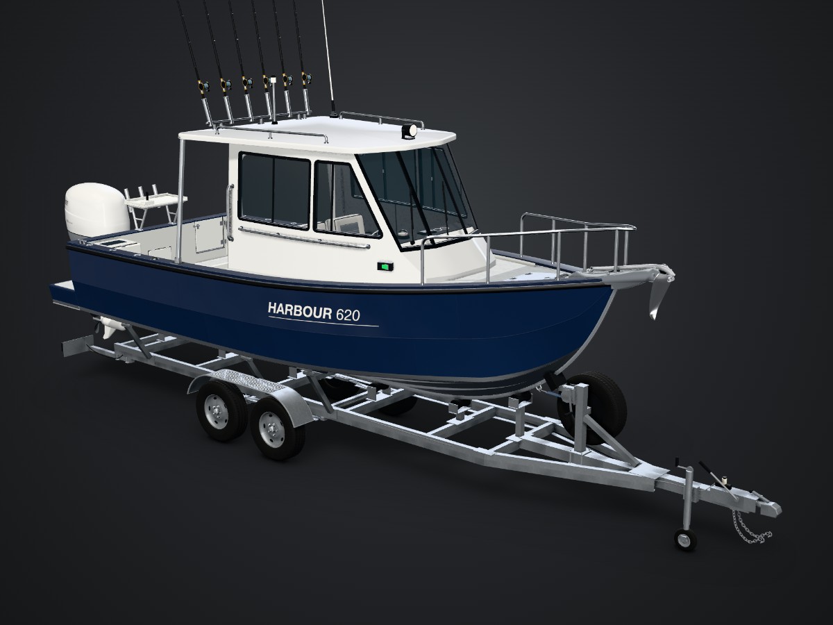 A navy Harbour 620 hardtop on its trailer in the studio, rendered live in the boat configurator